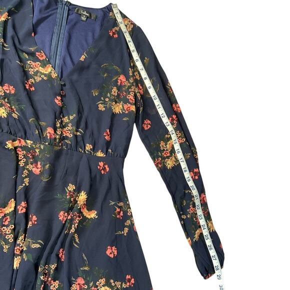 LULUS Floral Print Midi Dress Long Sheer Sleeves Zip Back Size Small Navy Blue - Picture 8 of 12